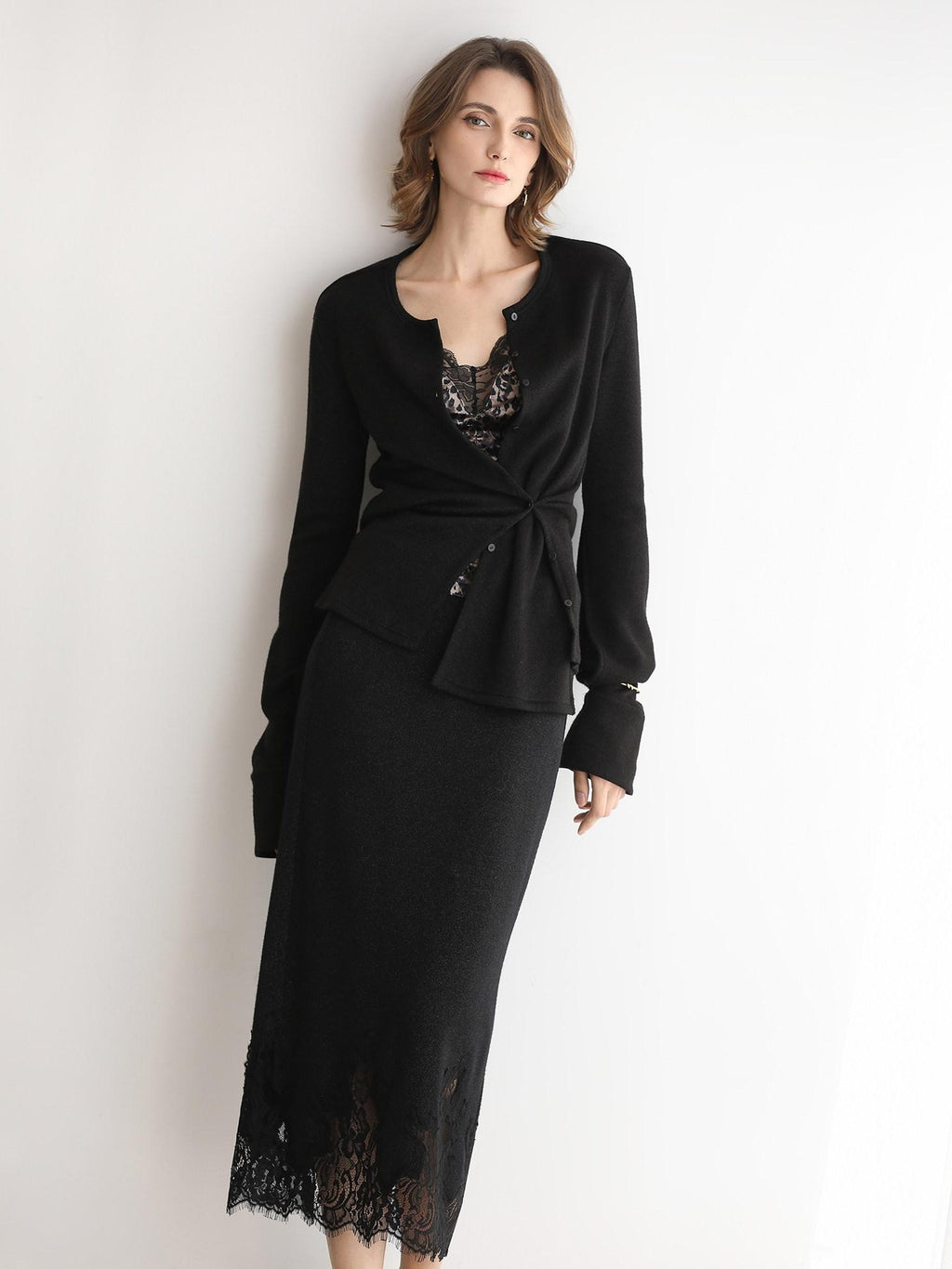 COCOBELLA Elegant Lace Patchwork H Line Mid Waist Women Classic Black Wrap Skirts