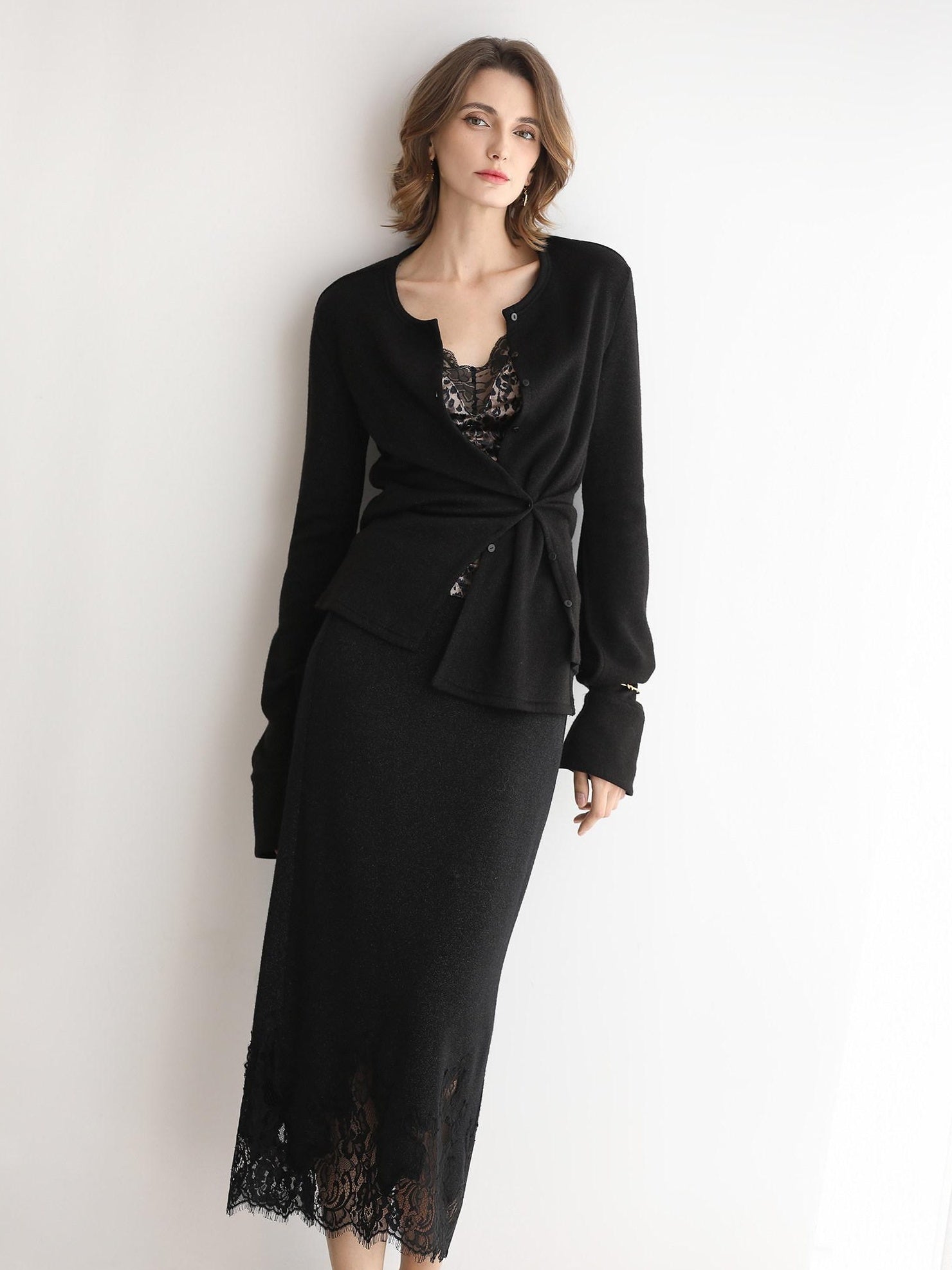 COCOBELLA Elegant Lace Patchwork H Line Mid Waist Women Classic Black Wrap Skirts