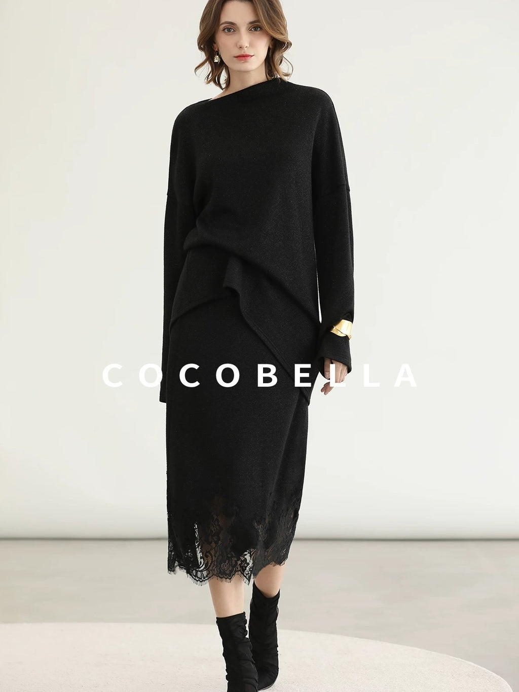 COCOBELLA Elegant Lace Patchwork H Line Mid Waist Women Classic Black Wrap Skirts