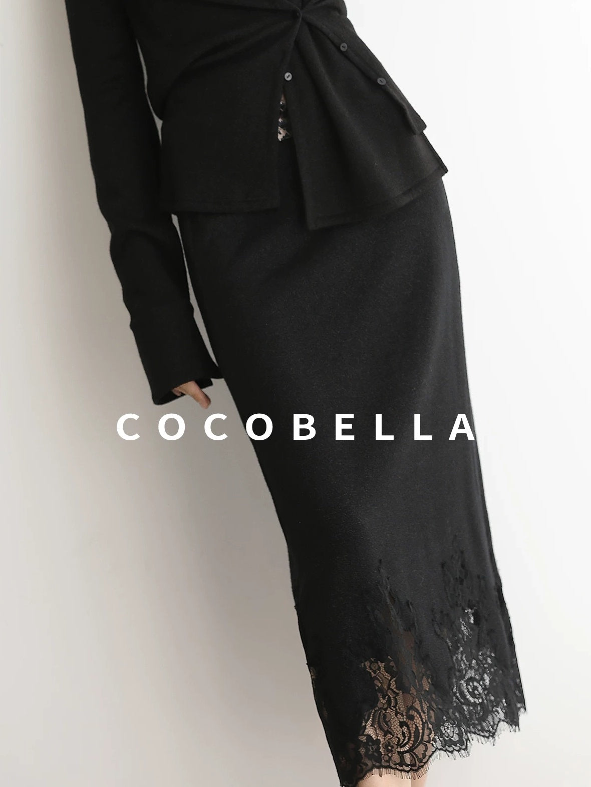 COCOBELLA Elegant Lace Patchwork H Line Mid Waist Women Classic Black Wrap Skirts