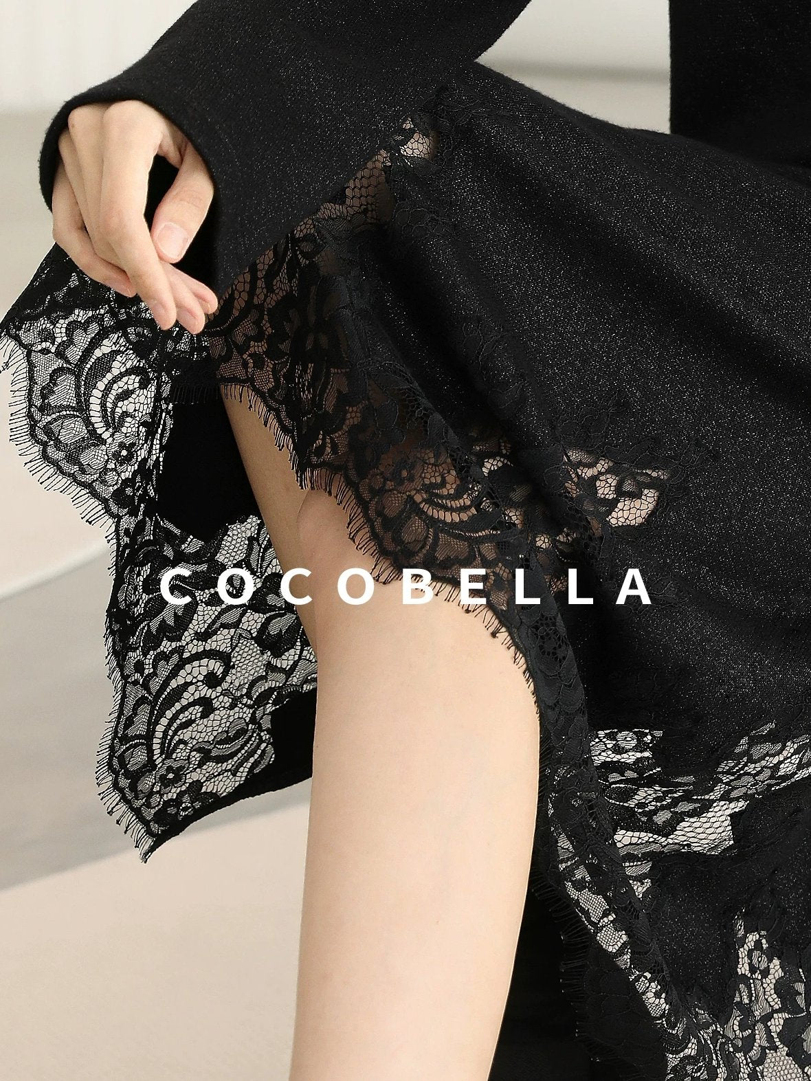 COCOBELLA Elegant Lace Patchwork H Line Mid Waist Women Classic Black Wrap Skirts