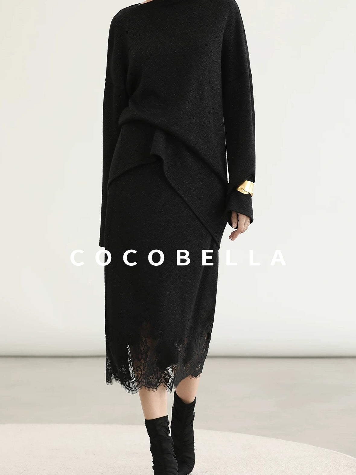 COCOBELLA Elegant Lace Patchwork H Line Mid Waist Women Classic Black Wrap Skirts