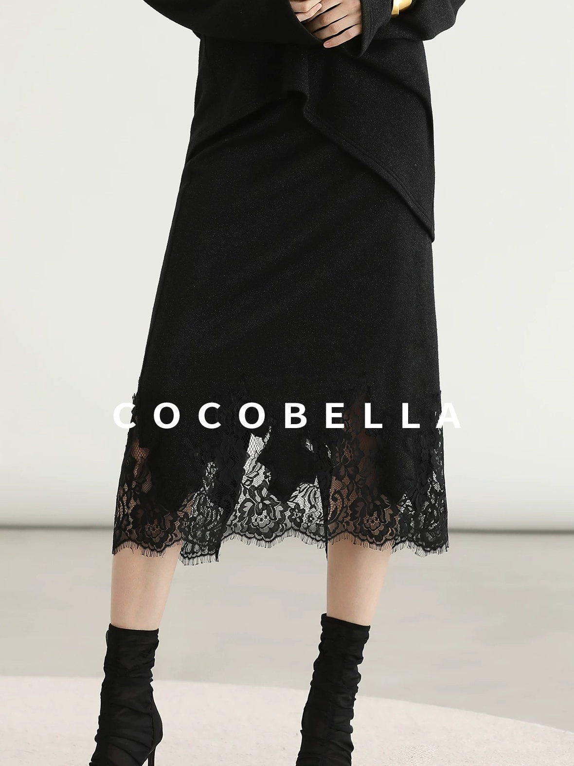 COCOBELLA Elegant Lace Patchwork H Line Mid Waist Women Classic Black Wrap Skirts