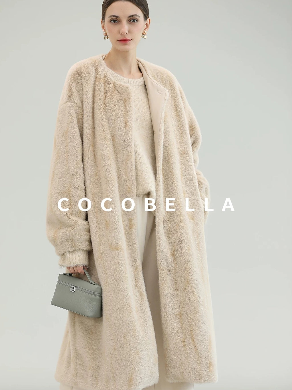COCOBELLA Elegant Light Gold Faux Fur Long Straight Lantern Sleeves Women Coats