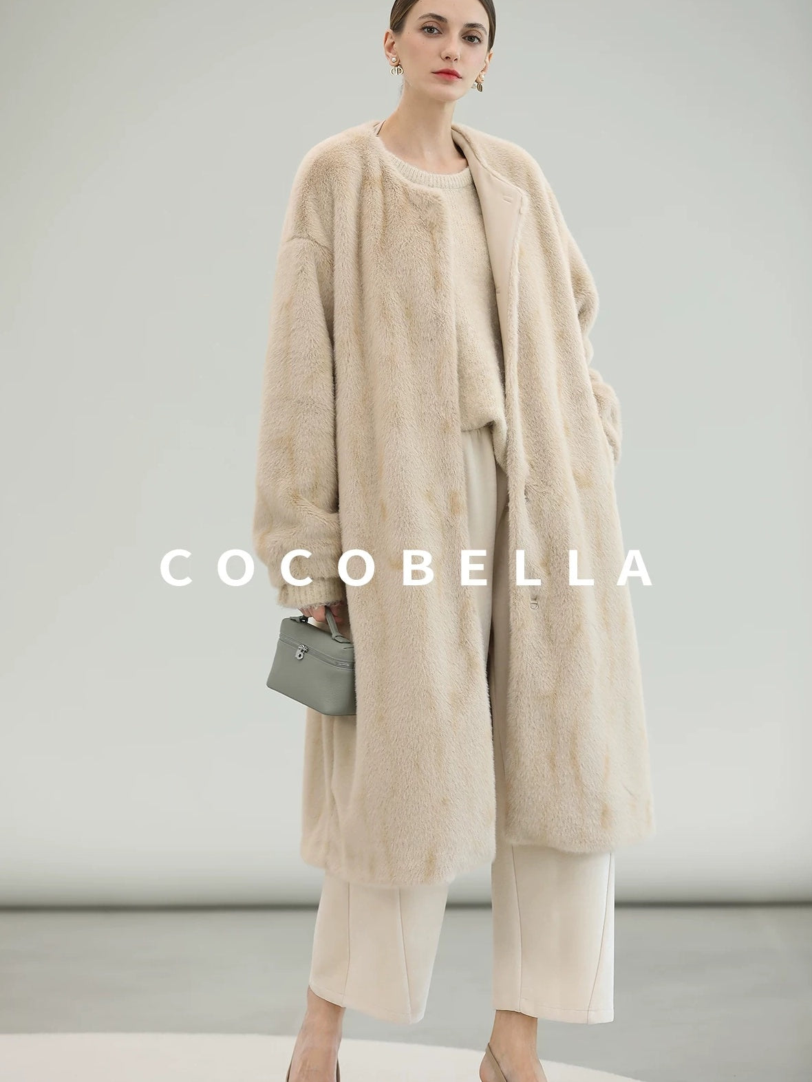 COCOBELLA Elegant Light Gold Faux Fur Long Straight Lantern Sleeves Women Coats