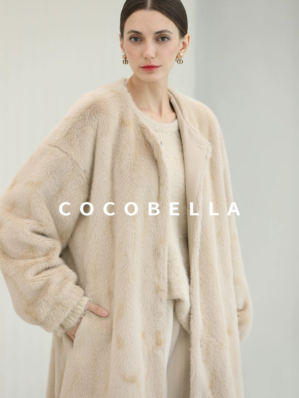 COCOBELLA Elegant Light Gold Faux Fur Long Straight Lantern Sleeves Women Coats
