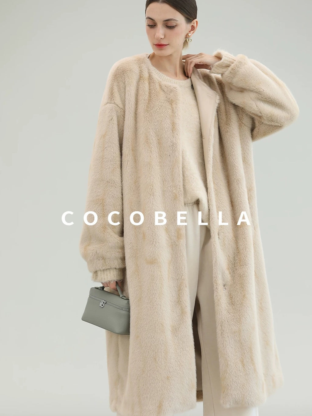 COCOBELLA Elegant Light Gold Faux Fur Long Straight Lantern Sleeves Women Coats