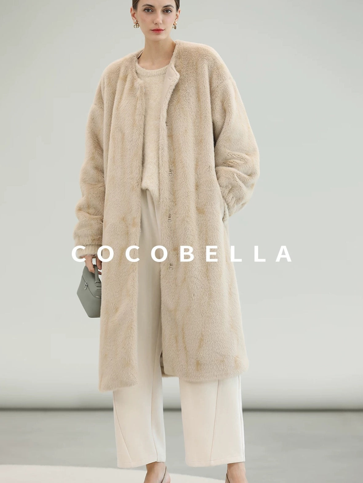 COCOBELLA Elegant Light Gold Faux Fur Long Straight Lantern Sleeves Women Coats
