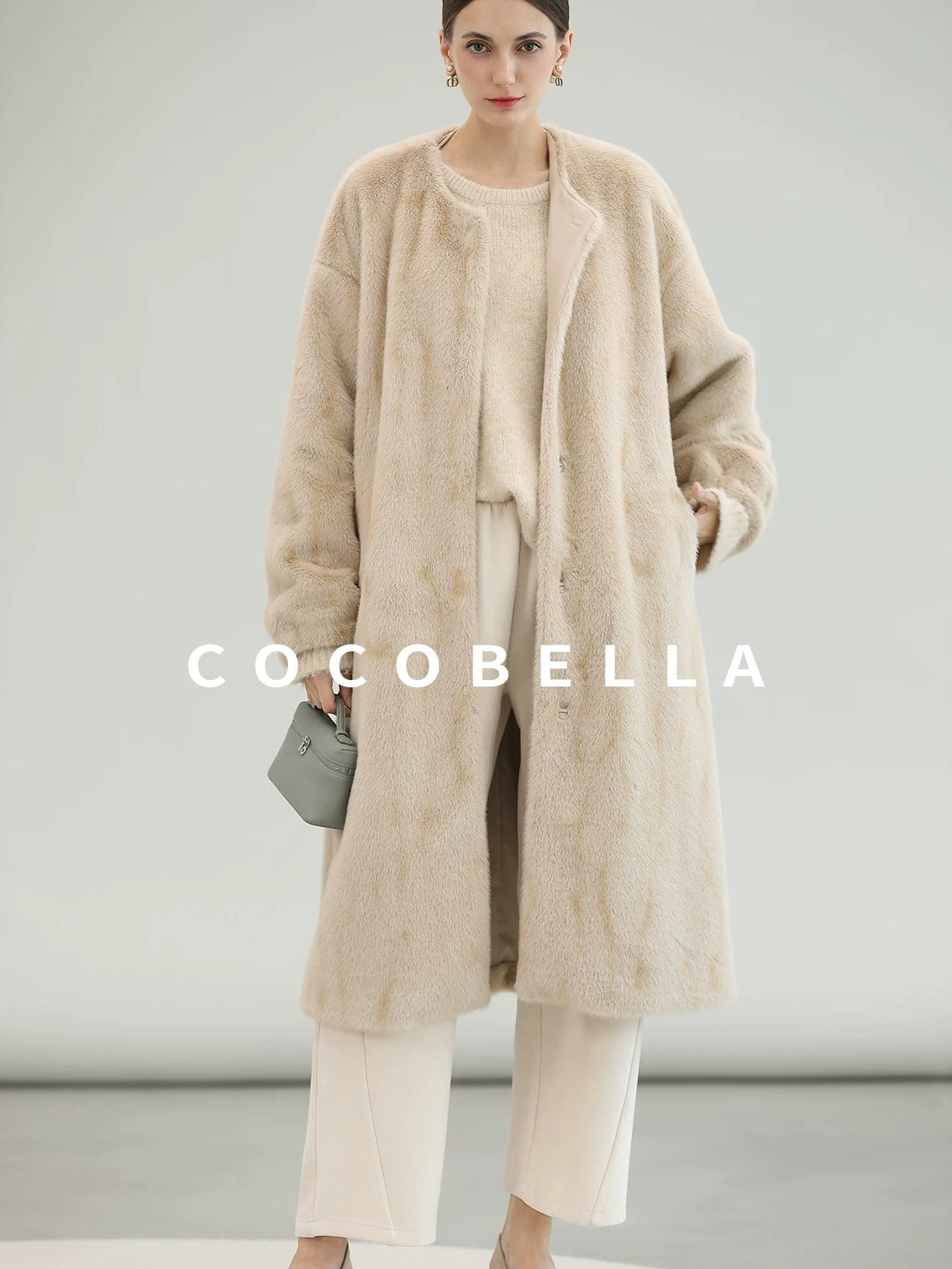 COCOBELLA Elegant Light Gold Faux Fur Long Straight Lantern Sleeves Women Coats