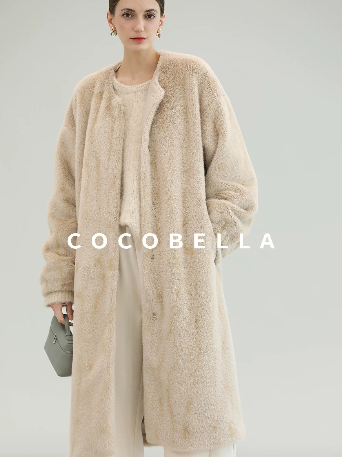 COCOBELLA Elegant Light Gold Faux Fur Long Straight Lantern Sleeves Women Coats