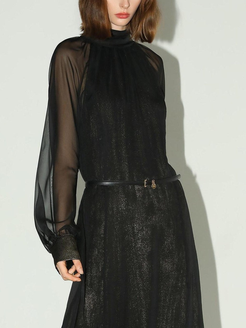 COCOBELLA Elegant Mock Neck Mesh Patchwork Faux Layered A Line Workwear High Neck Dresses