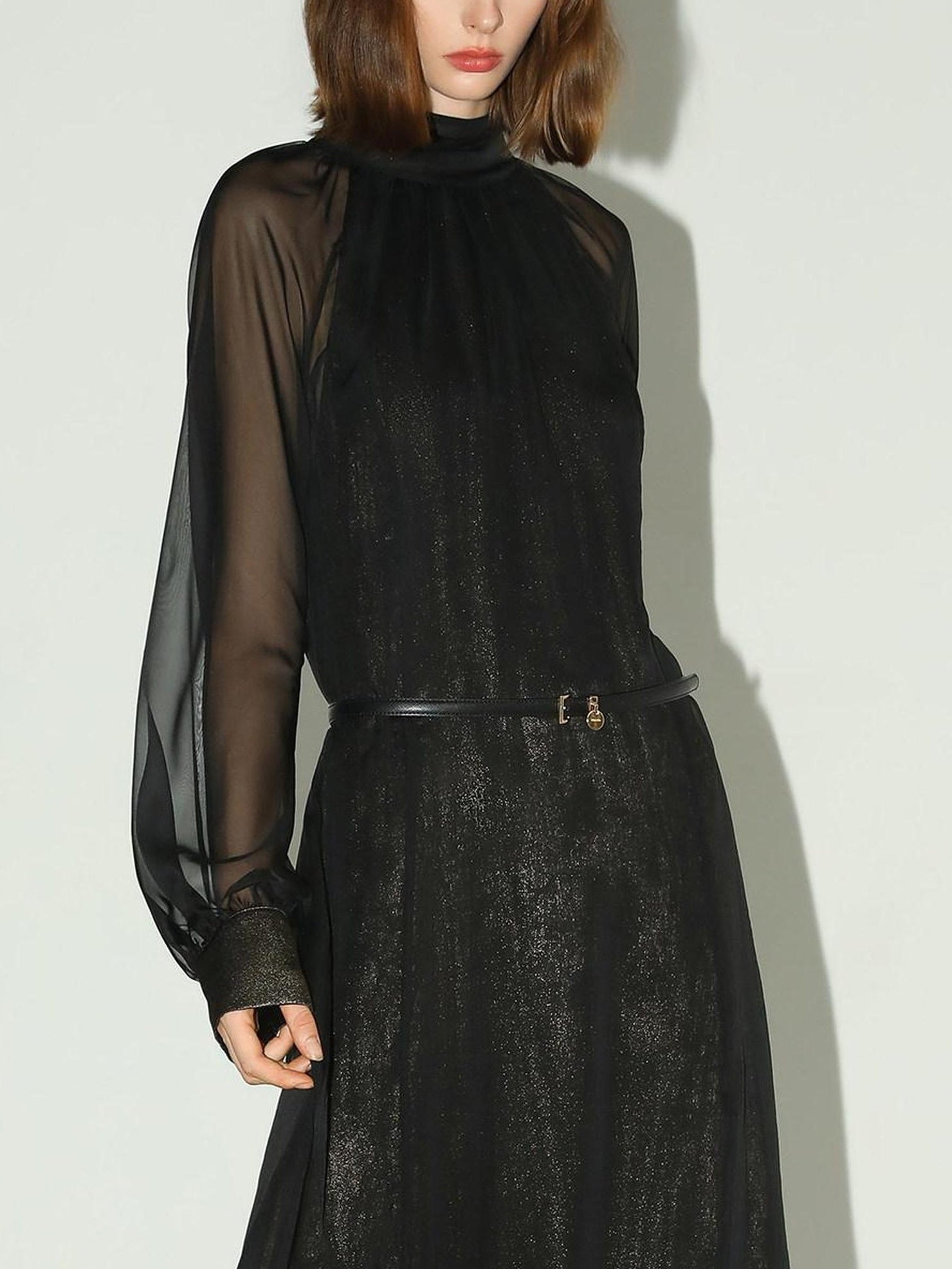 COCOBELLA Elegant Mock Neck Mesh Patchwork Faux Layered A Line Workwear High Neck Dresses