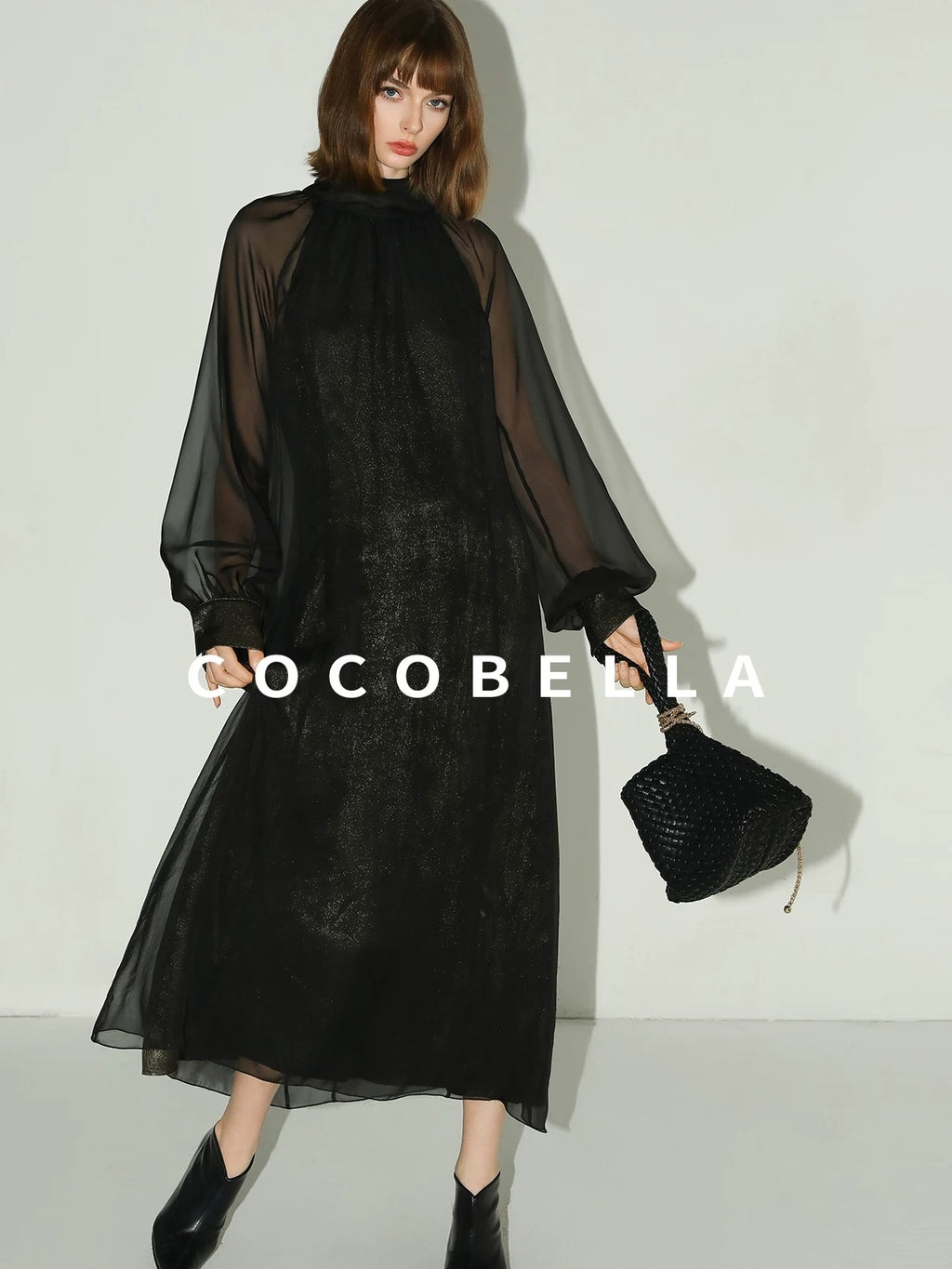 COCOBELLA Elegant Mock Neck Mesh Patchwork Faux Layered A Line Workwear High Neck Dresses