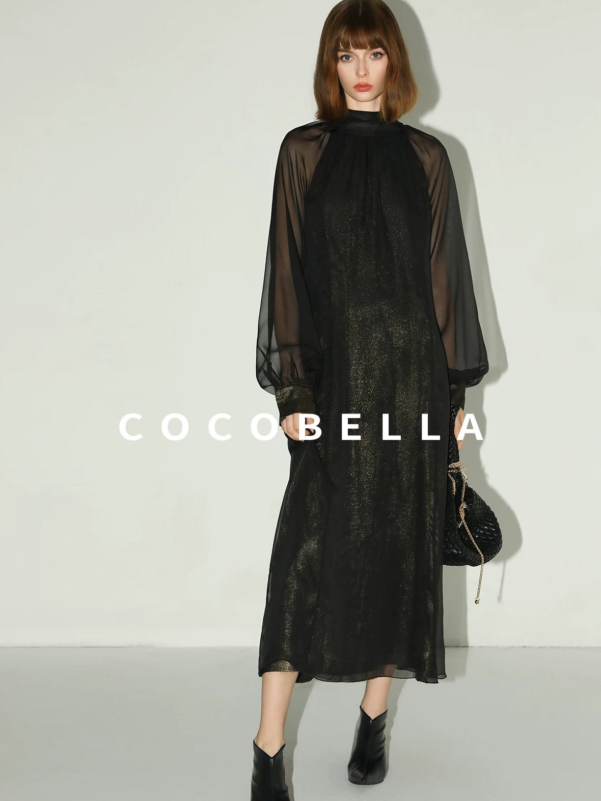 COCOBELLA Elegant Mock Neck Mesh Patchwork Faux Layered A Line Workwear High Neck Dresses