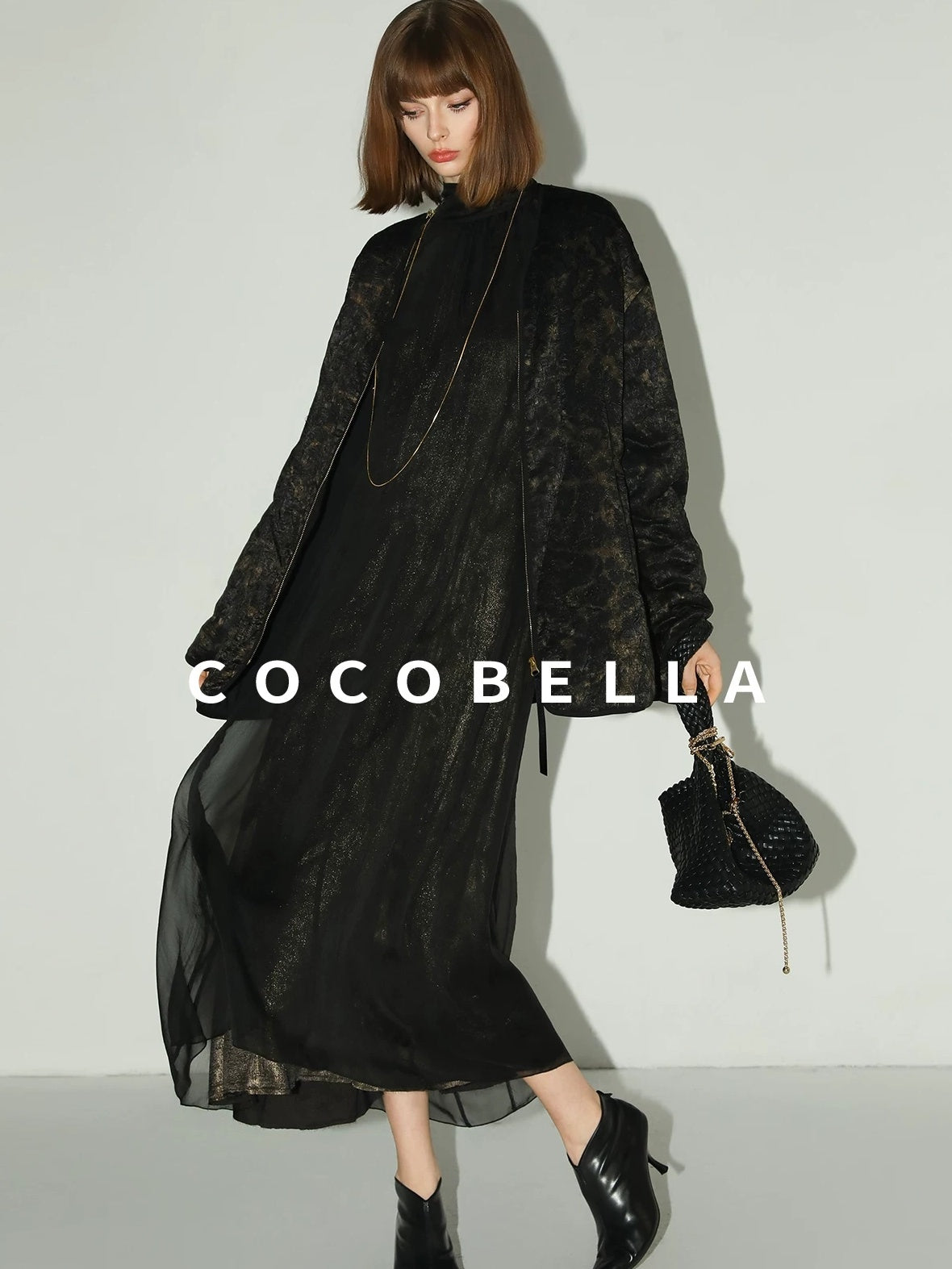 COCOBELLA Elegant Mock Neck Mesh Patchwork Faux Layered A Line Workwear High Neck Dresses