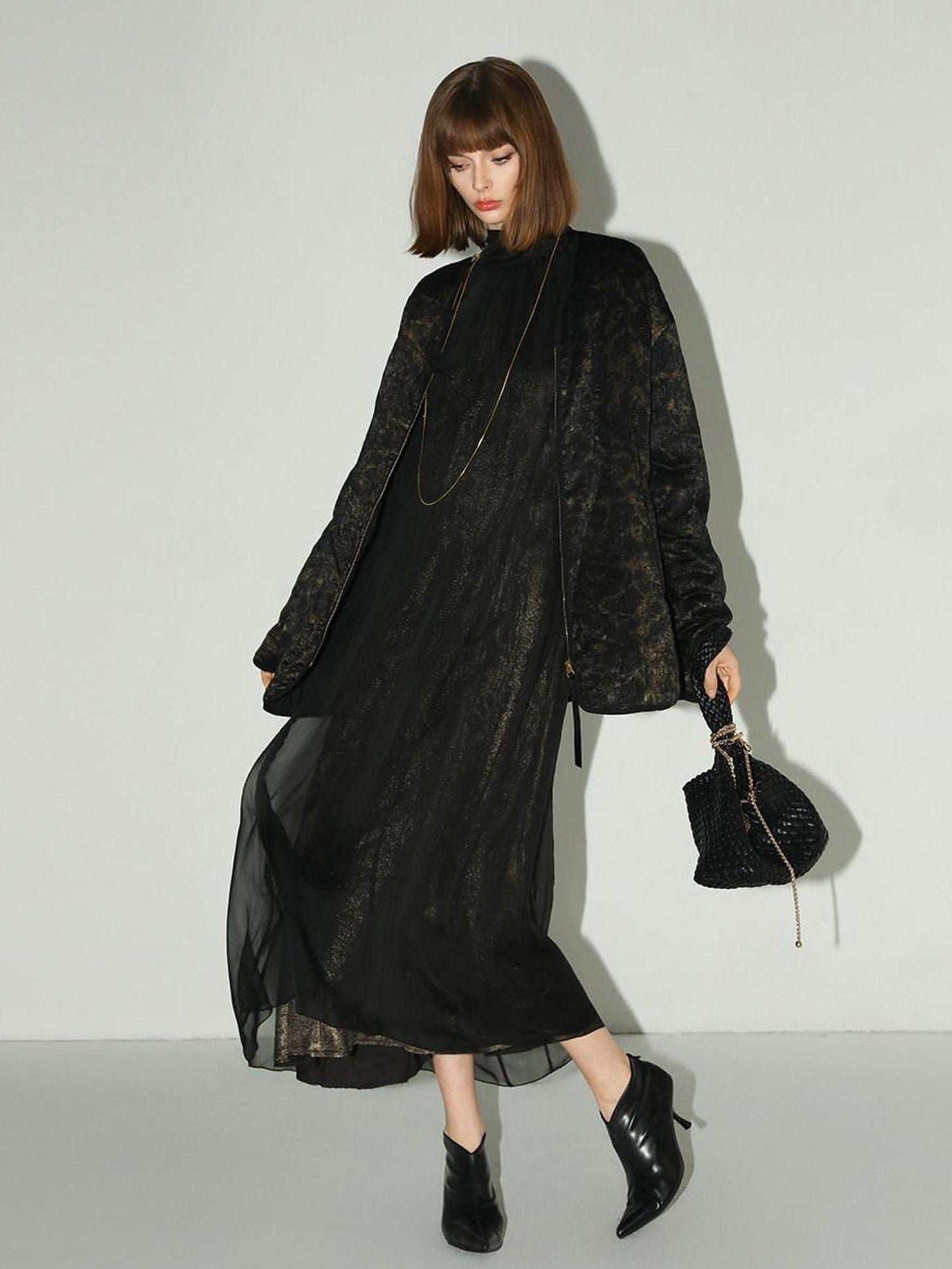 COCOBELLA Elegant Mock Neck Mesh Patchwork Faux Layered A Line Workwear High Neck Dresses