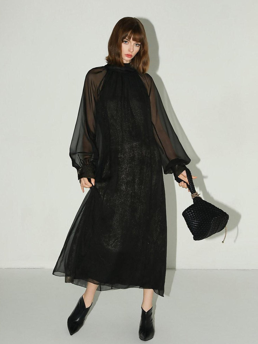 COCOBELLA Elegant Mock Neck Mesh Patchwork Faux Layered A Line Workwear High Neck Dresses