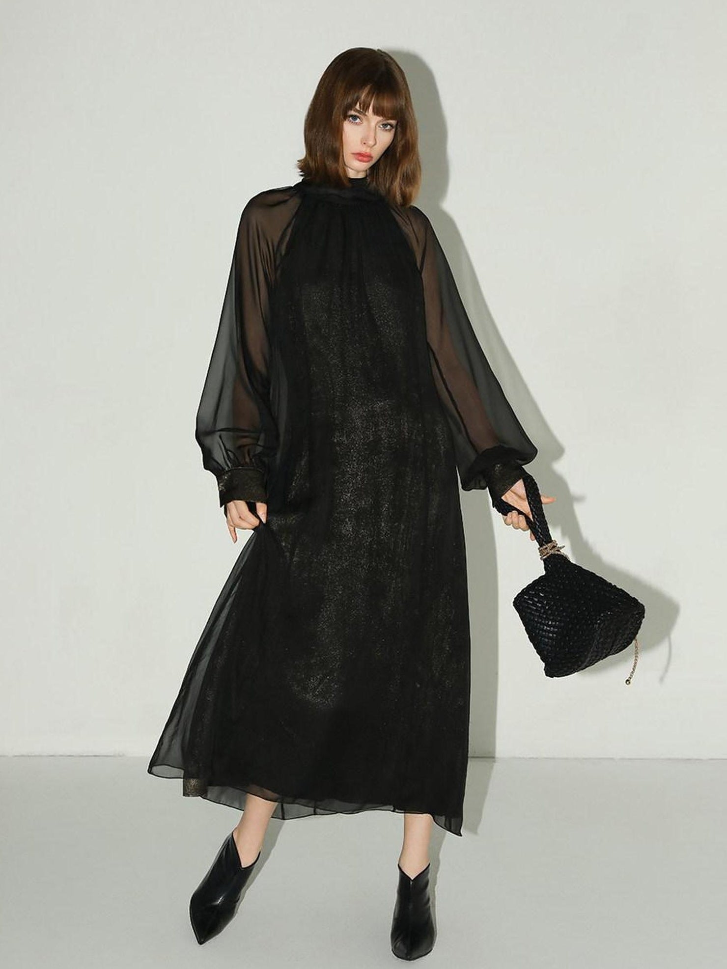 COCOBELLA Elegant Mock Neck Mesh Patchwork Faux Layered A Line Workwear High Neck Dresses