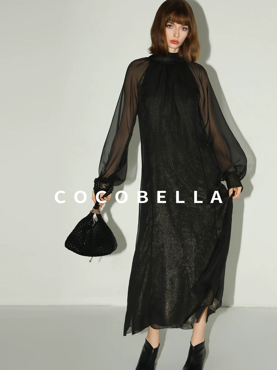 COCOBELLA Elegant Mock Neck Mesh Patchwork Faux Layered A Line Workwear High Neck Dresses