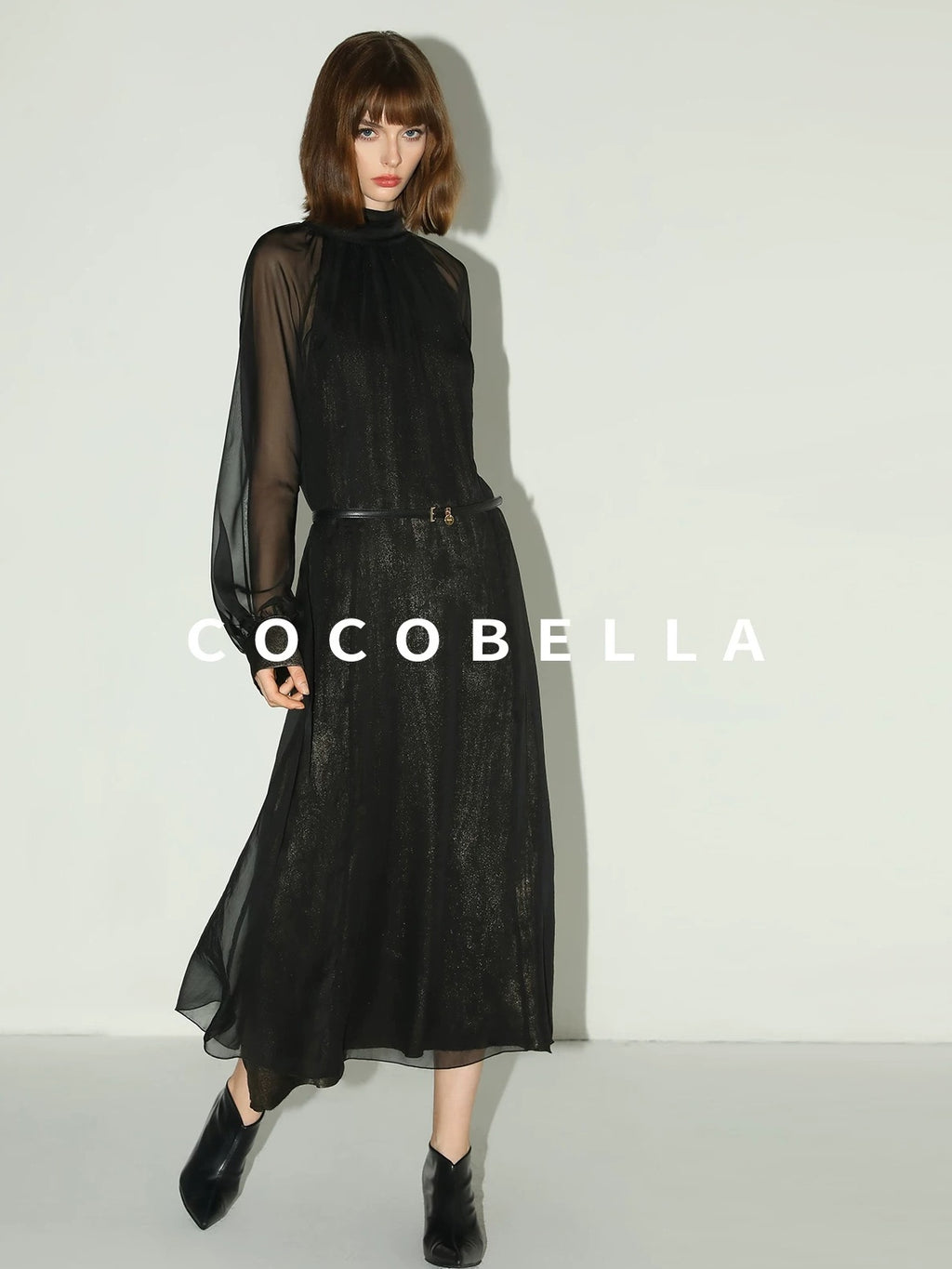 COCOBELLA Elegant Mock Neck Mesh Patchwork Faux Layered A Line Workwear High Neck Dresses