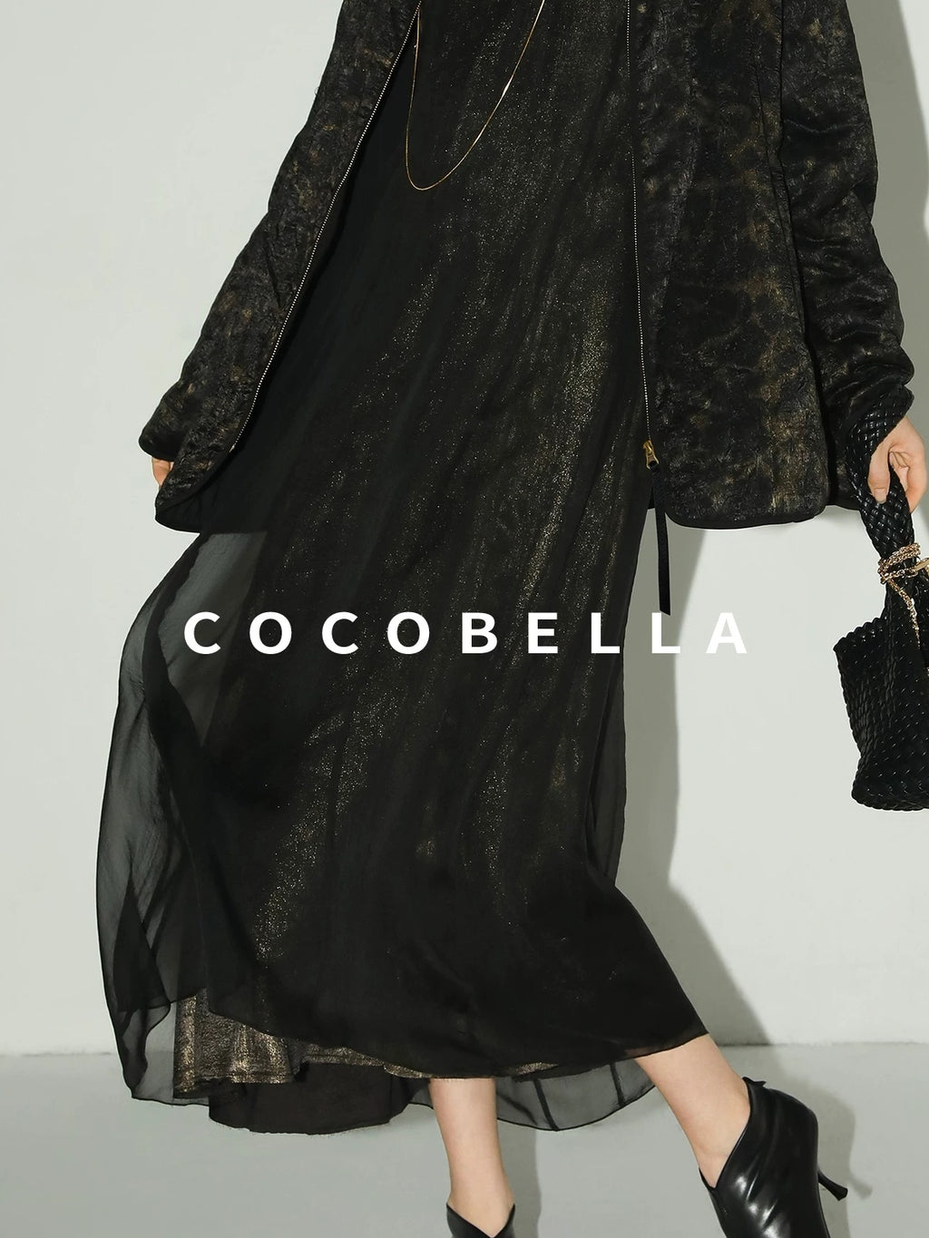 COCOBELLA Elegant Mock Neck Mesh Patchwork Faux Layered A Line Workwear High Neck Dresses