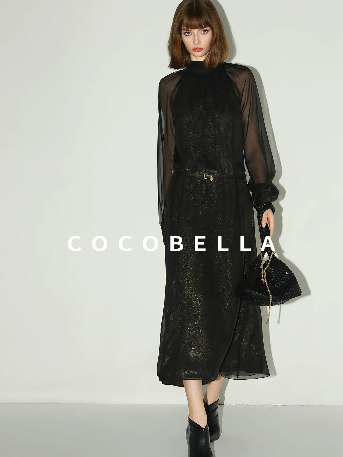 COCOBELLA Elegant Mock Neck Mesh Patchwork Faux Layered A Line Workwear High Neck Dresses