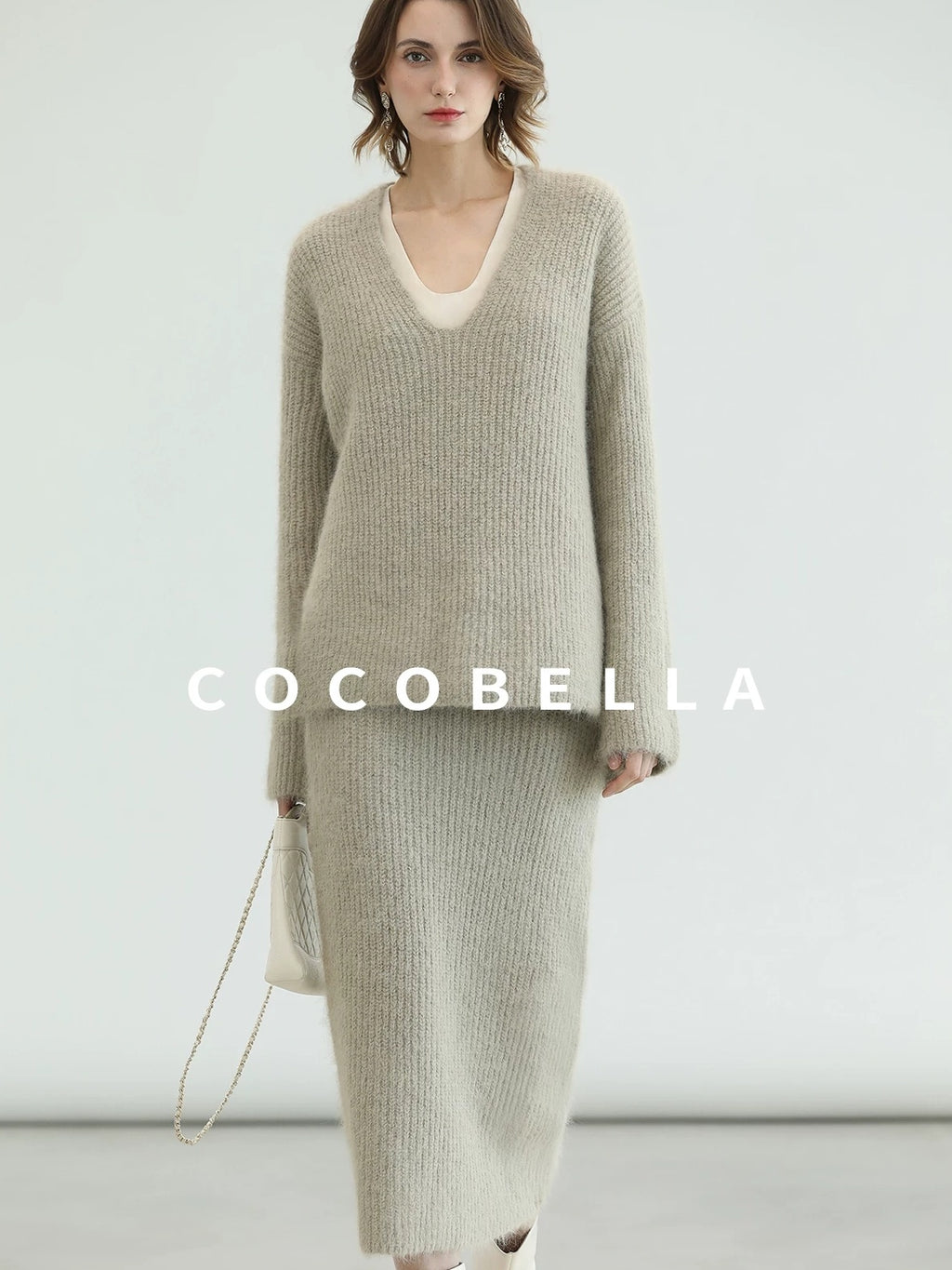 COCOBELLA Elegant Patchwork Thick Knit Mid Waist Straight Office Commuter Women Skirts