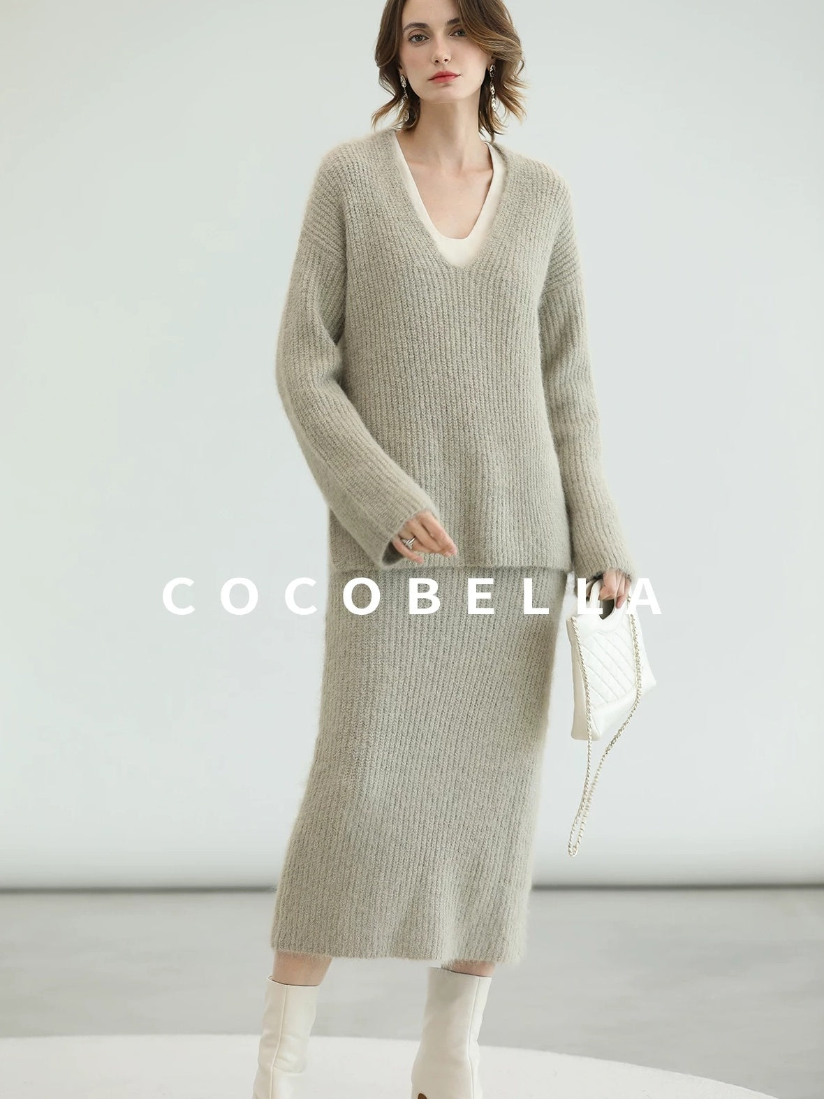 COCOBELLA Elegant Patchwork Thick Knit Mid Waist Straight Office Commuter Women Skirts