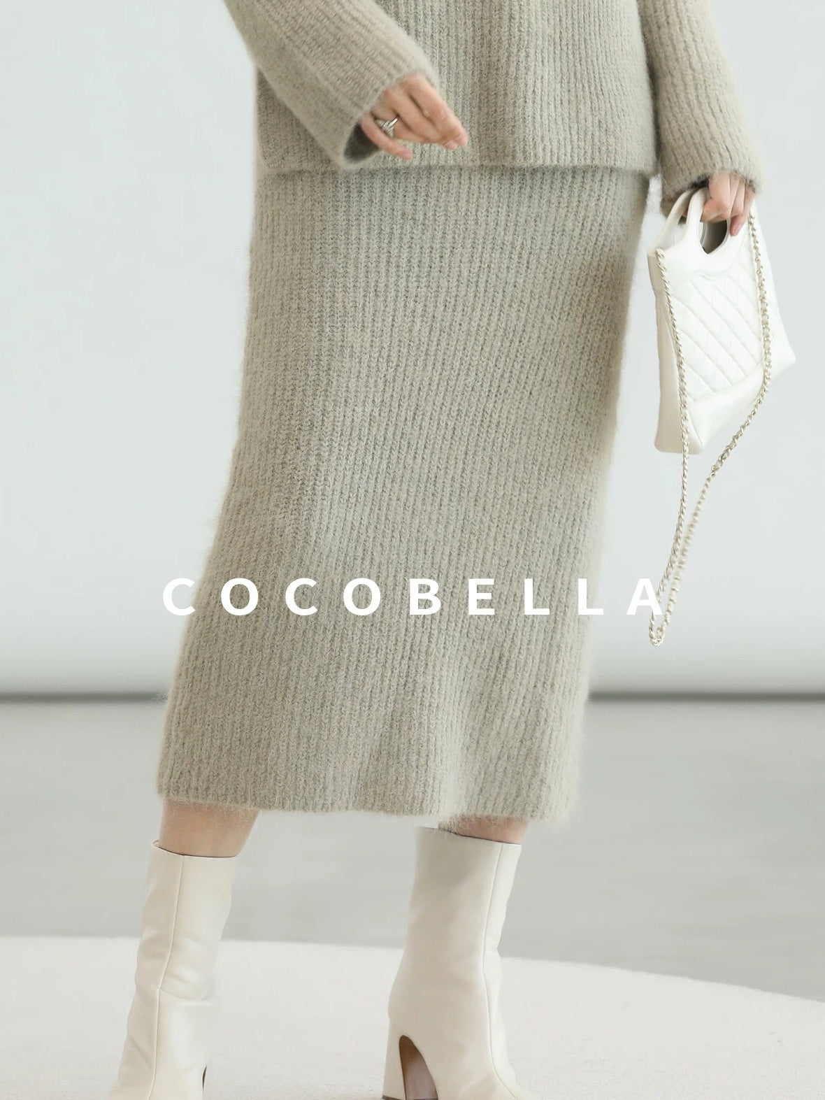 COCOBELLA Elegant Patchwork Thick Knit Mid Waist Straight Office Commuter Women Skirts