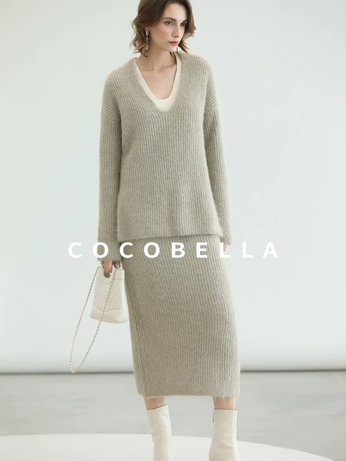 COCOBELLA Elegant Patchwork Thick Knit Mid Waist Straight Office Commuter Women Skirts