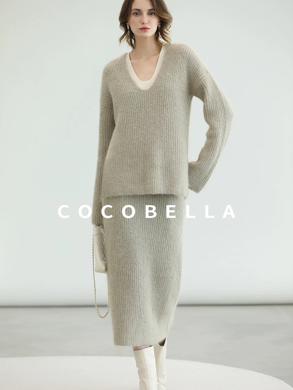 COCOBELLA Elegant Patchwork Thick Knit Mid Waist Straight Office Commuter Women Skirts