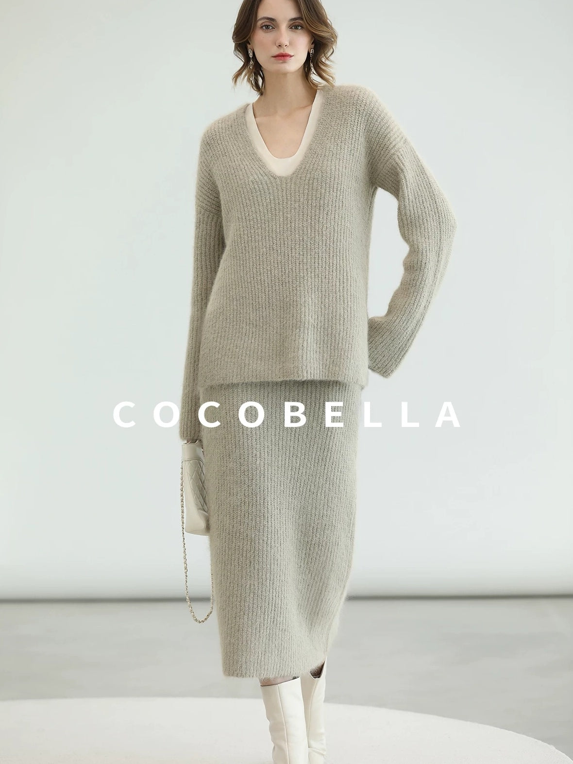 COCOBELLA Elegant Patchwork Thick Knit Mid Waist Straight Office Commuter Women Skirts