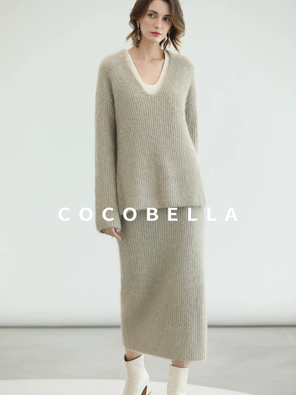 COCOBELLA Elegant Patchwork Thick Knit Mid Waist Straight Office Commuter Women Skirts