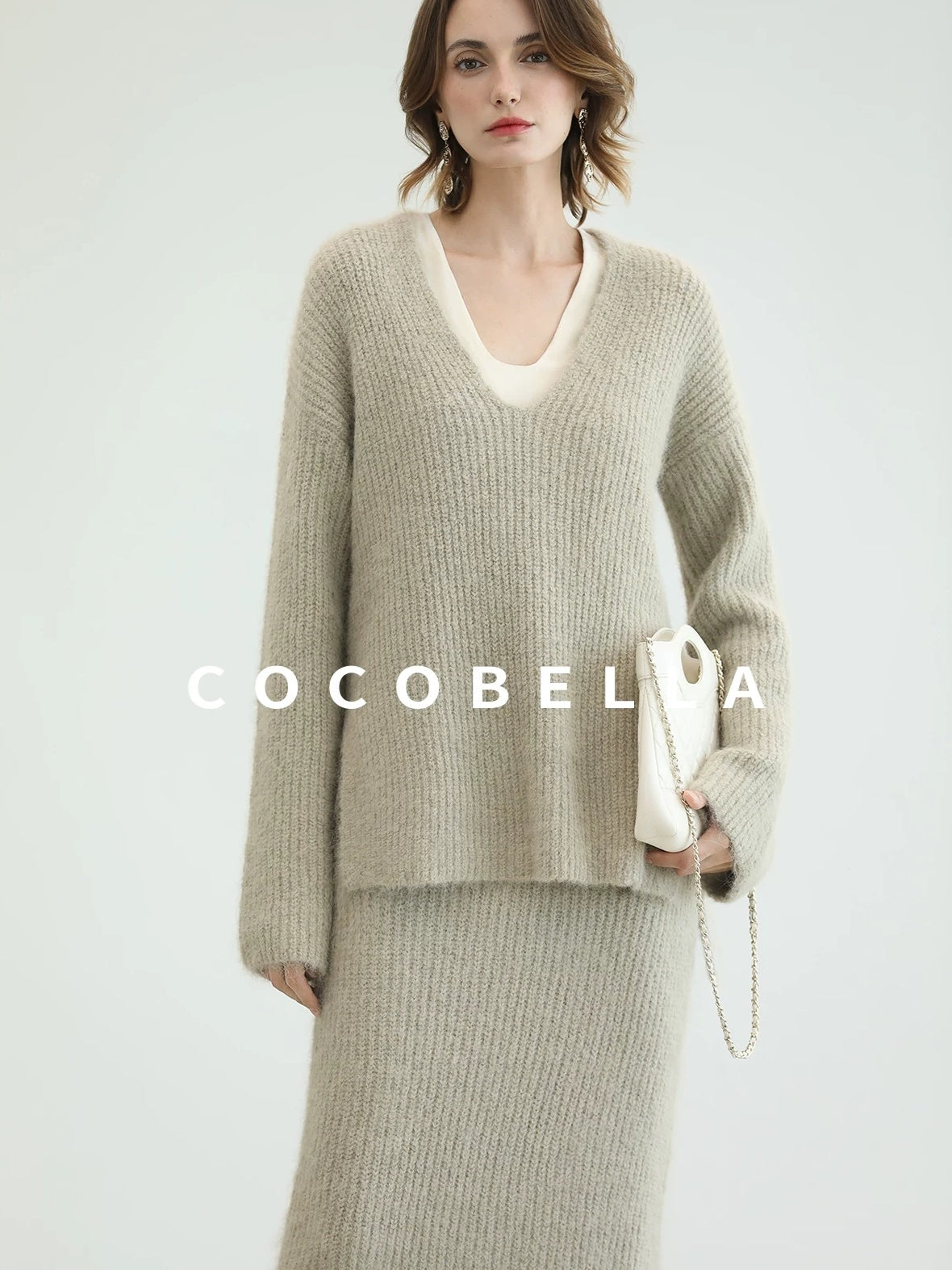 COCOBELLA Elegant Patchwork Thick Knit Mid Waist Straight Office Commuter Women Skirts
