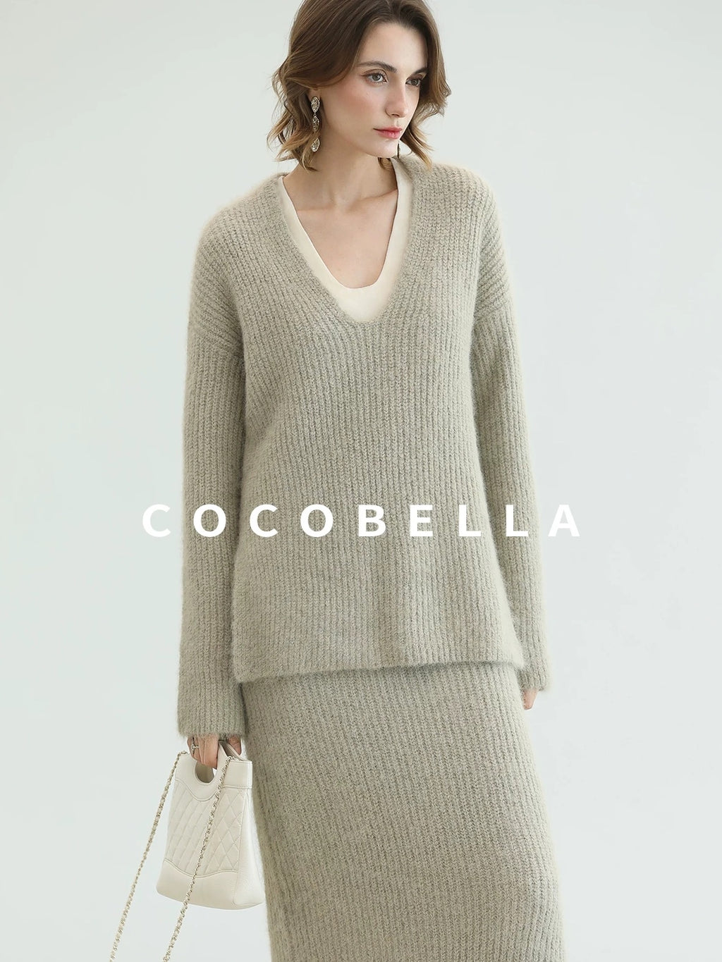 COCOBELLA Elegant Patchwork Thick Knit Mid Waist Straight Office Commuter Women Skirts