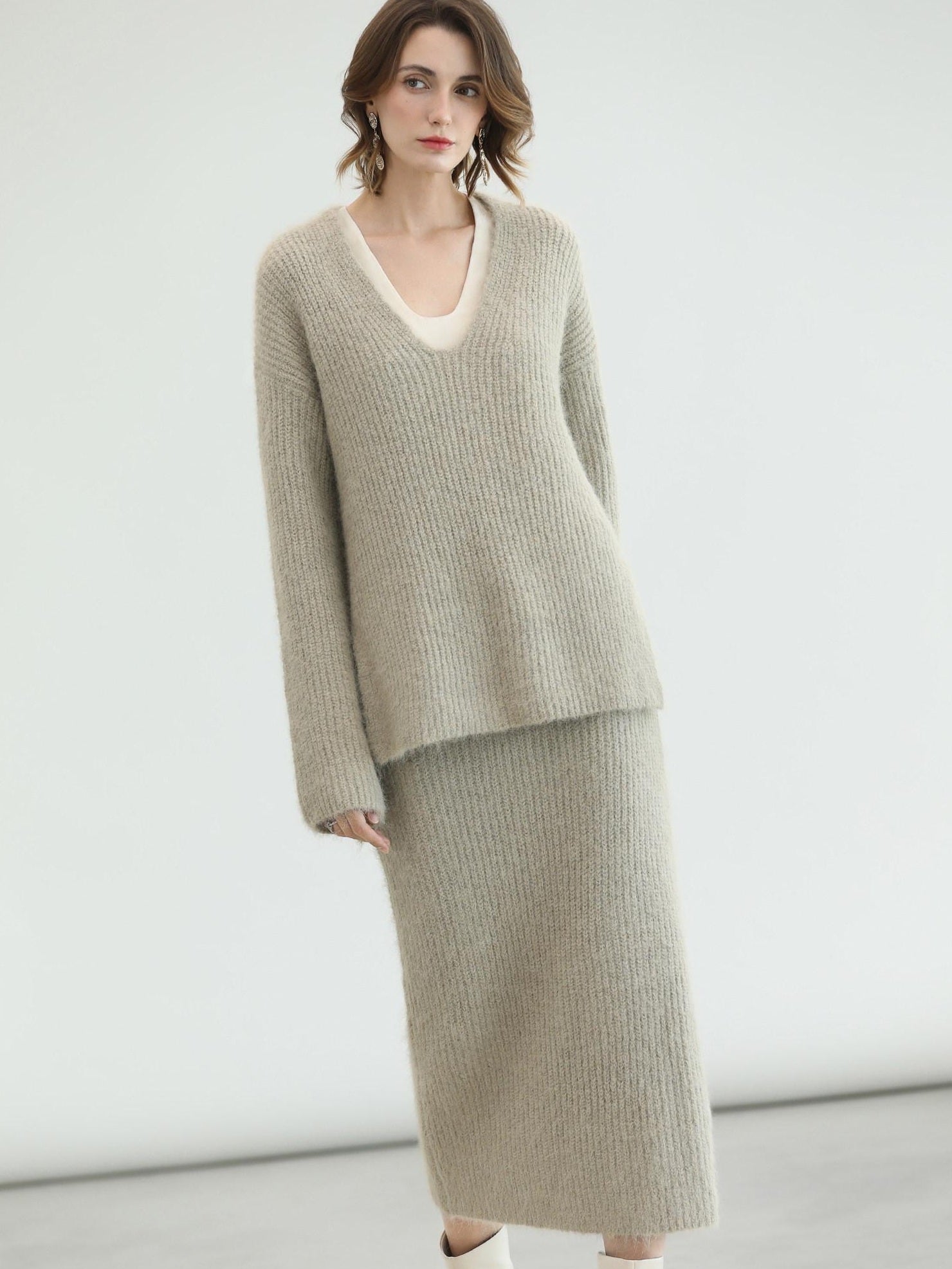 COCOBELLA Elegant Patchwork Thick Knit Mid Waist Straight Office Commuter Women Skirts