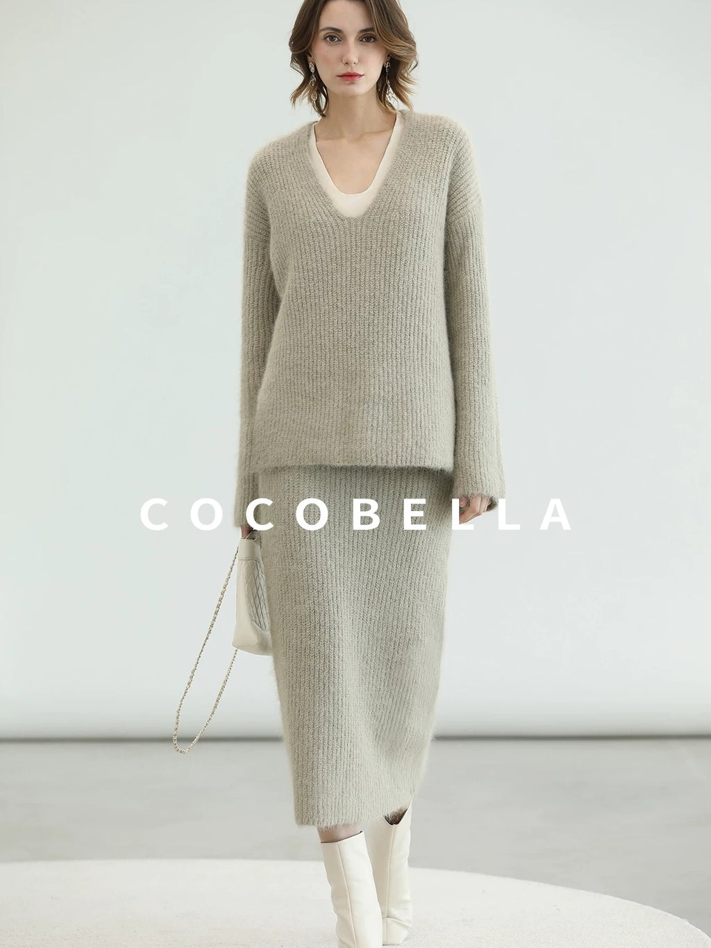COCOBELLA Elegant Patchwork Thick Knit Mid Waist Straight Office Commuter Women Skirts