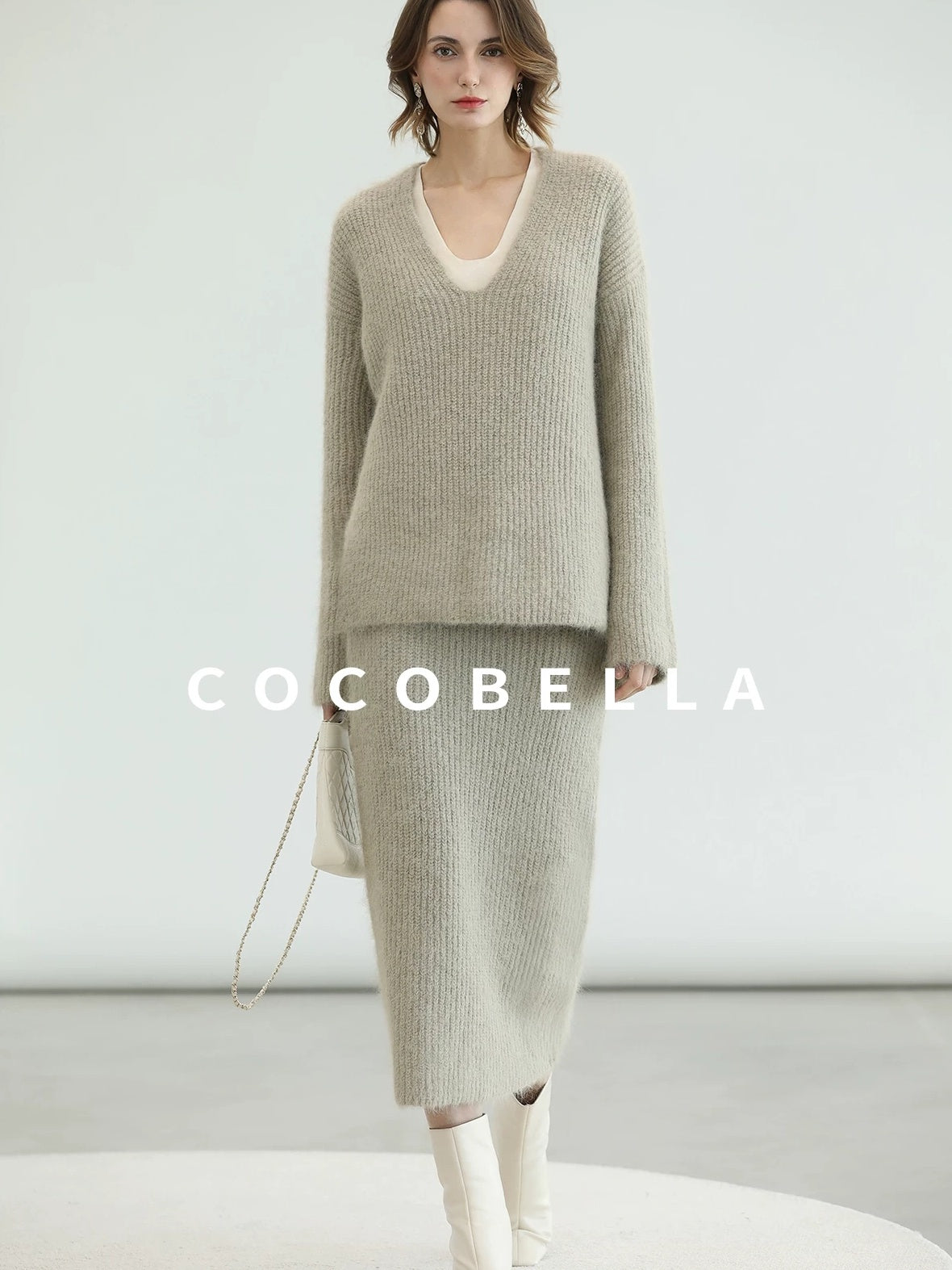 COCOBELLA Elegant Patchwork Thick Knit Mid Waist Straight Office Commuter Women Skirts