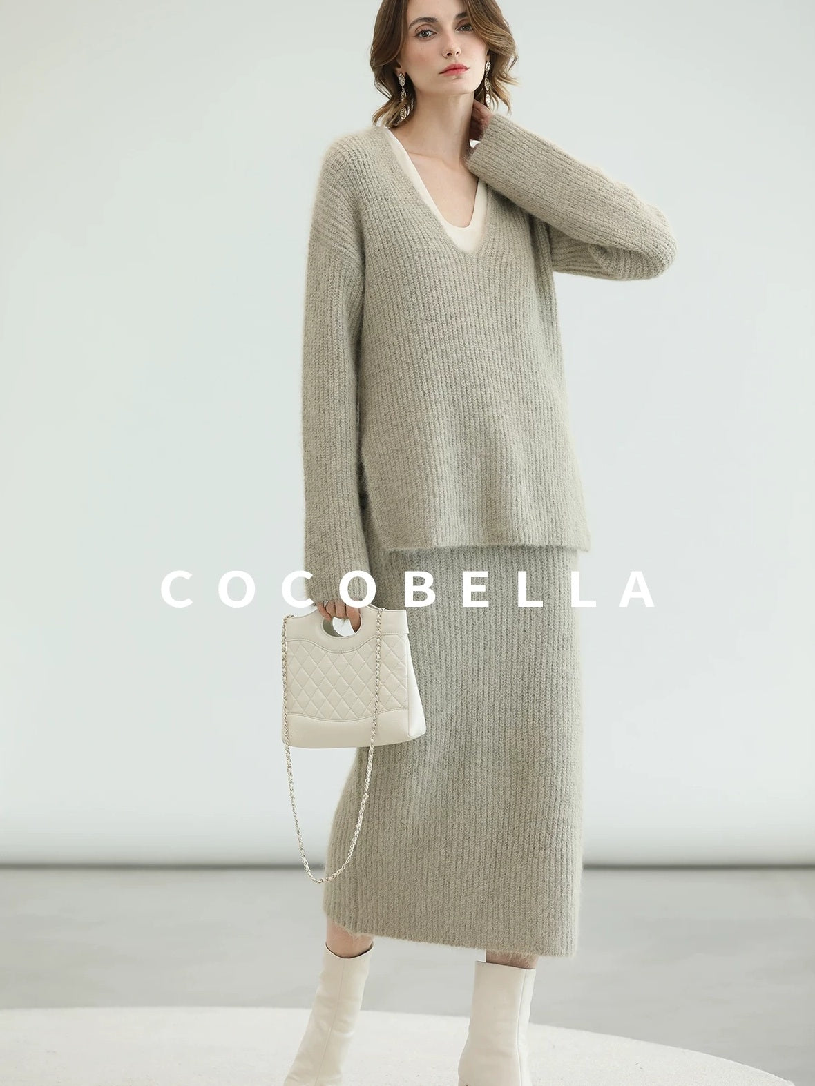 COCOBELLA Elegant Patchwork Thick Knit Mid Waist Straight Office Commuter Women Skirts