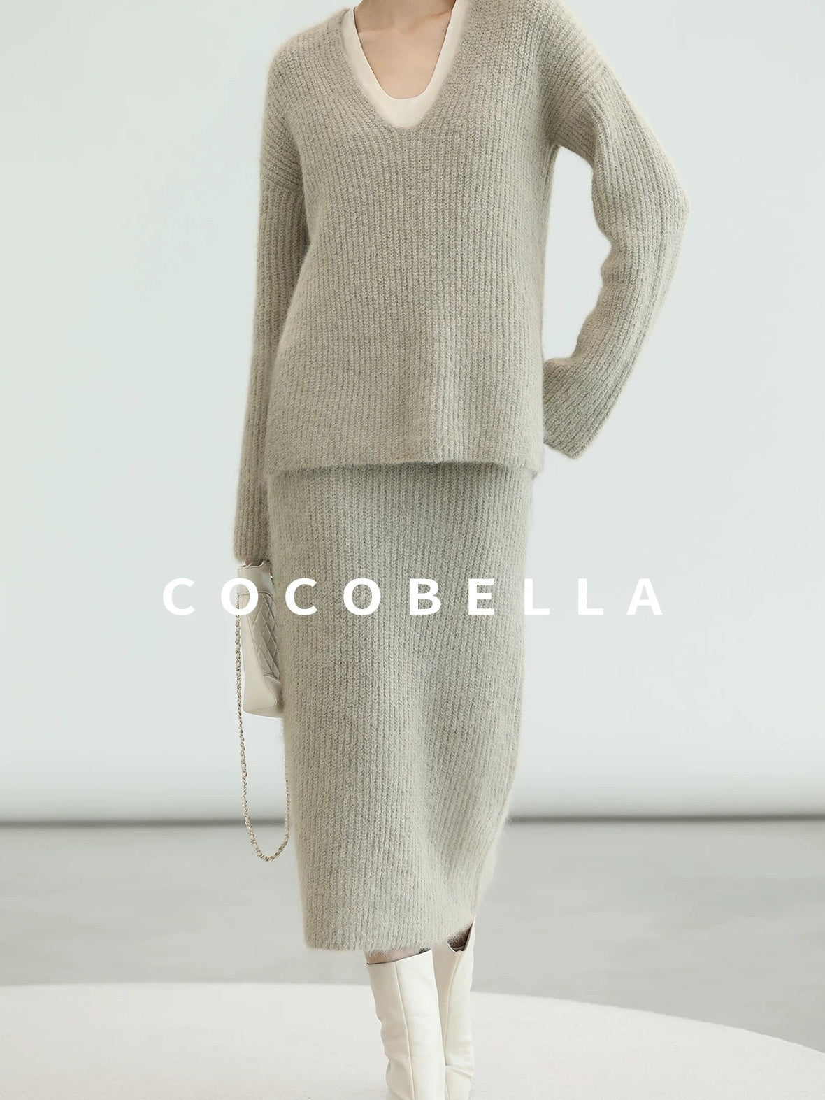 COCOBELLA Elegant Patchwork Thick Knit Mid Waist Straight Office Commuter Women Skirts