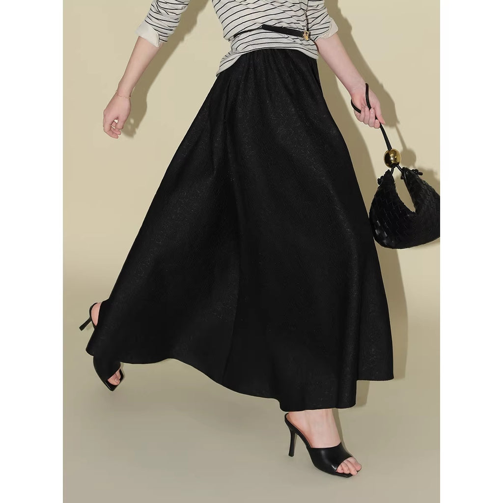 COCOBELLA_Elegant_Pleated_A_Line_High_Waist_Jacquard_Midi_Flared_Black_Women_Skirts_MISSTT