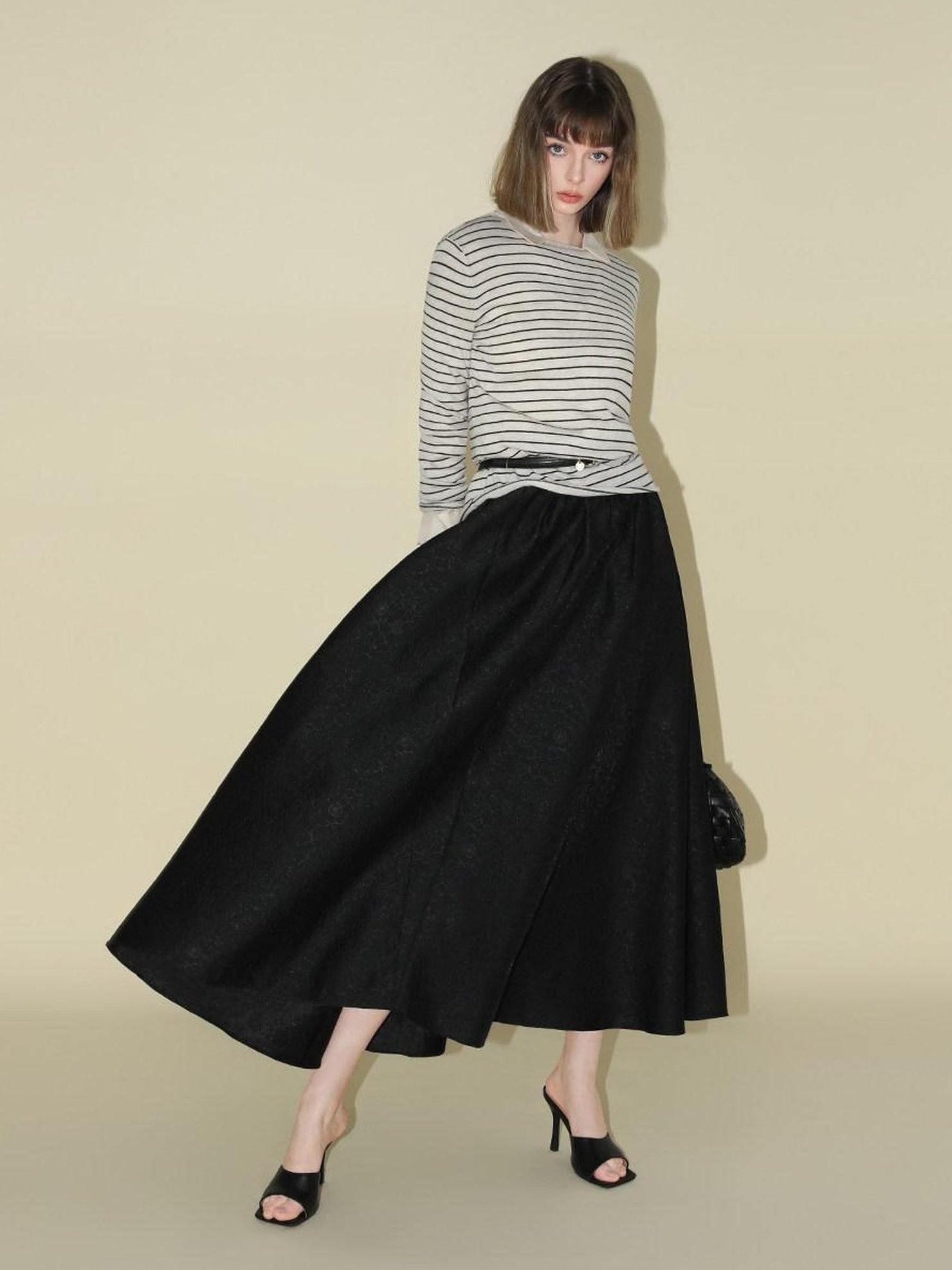 COCOBELLA Elegant Pleated A Line High Waist Jacquard Midi Flared Black Women Skirts