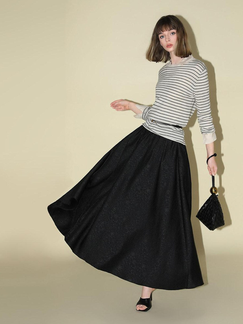 COCOBELLA Elegant Pleated A Line High Waist Jacquard Midi Flared Black Women Skirts