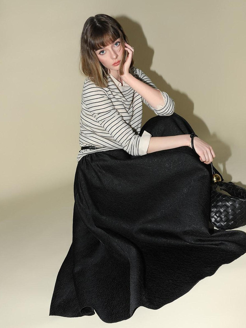 COCOBELLA Elegant Pleated A Line High Waist Jacquard Midi Flared Black Women Skirts