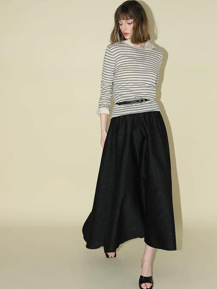 COCOBELLA Elegant Pleated A Line High Waist Jacquard Midi Flared Black Women Skirts