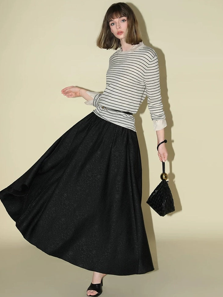 COCOBELLA Elegant Pleated A Line High Waist Jacquard Midi Flared Black Women Skirts