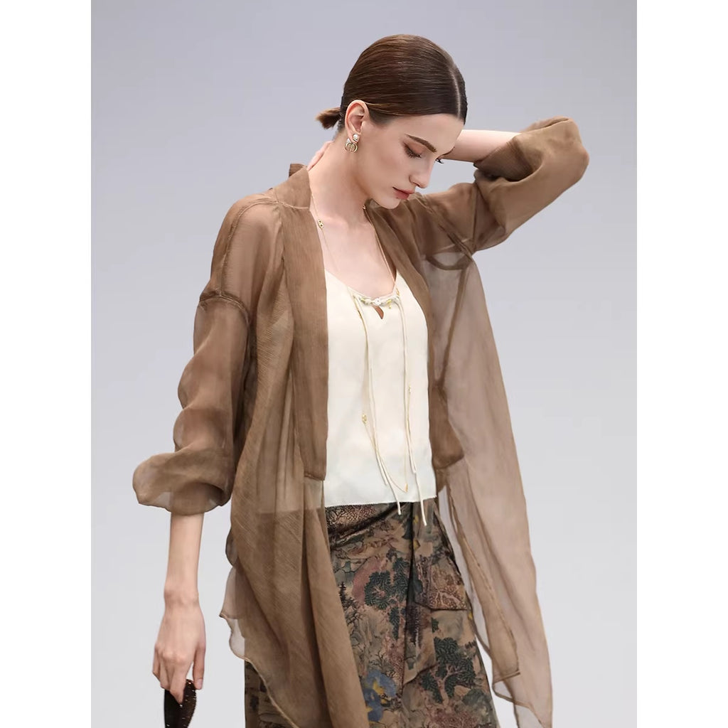COCOBELLA_Elegant_Pleated_Asymmetric_French_Chiffon_Midlength_Long_Sleeve_Tea_Brown_Shirts_MISSTT