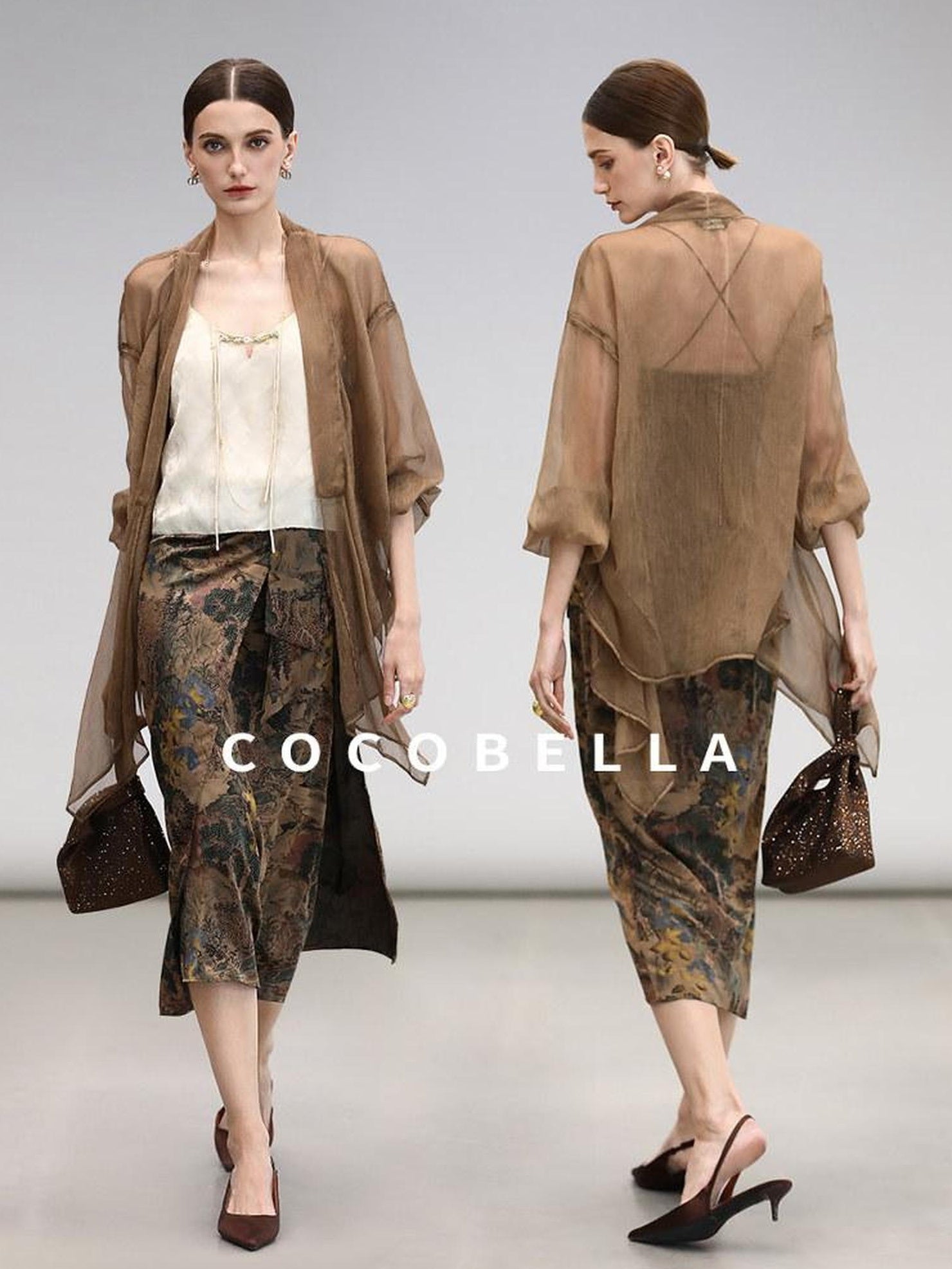 COCOBELLA Elegant Pleated Asymmetric French Chiffon Midlength Long Sleeve Tea Brown Shirts