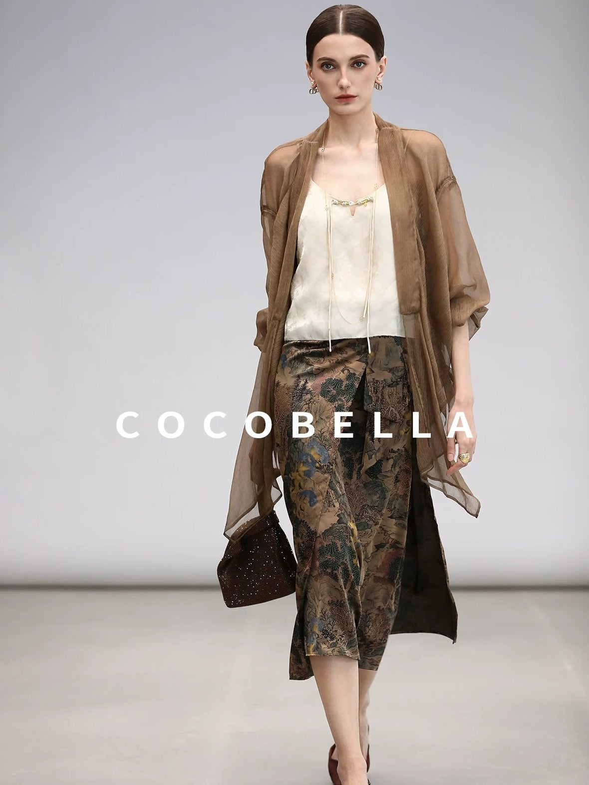 COCOBELLA Elegant Pleated Asymmetric French Chiffon Midlength Long Sleeve Tea Brown Shirts