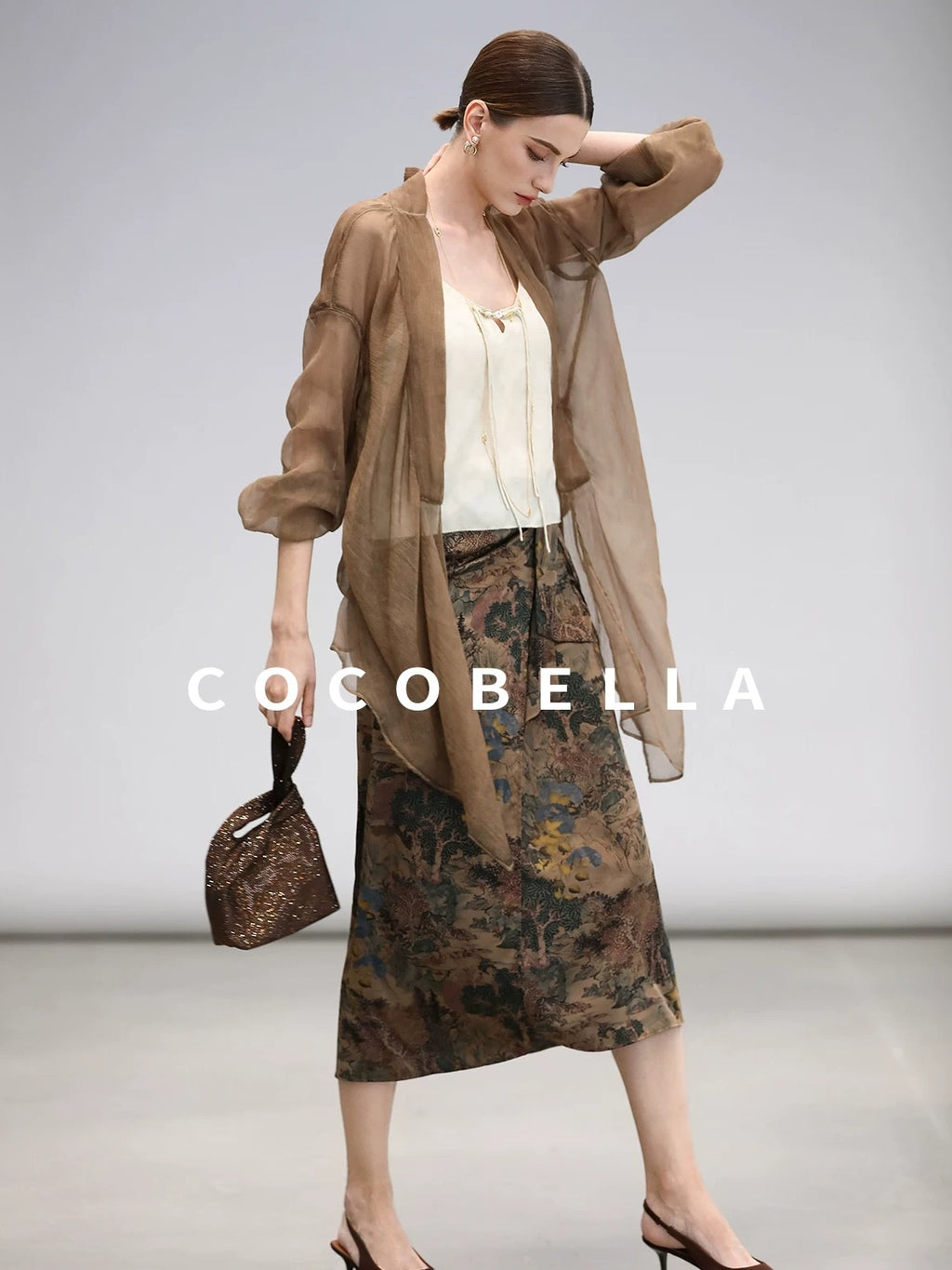 COCOBELLA Elegant Pleated Asymmetric French Chiffon Midlength Long Sleeve Tea Brown Shirts